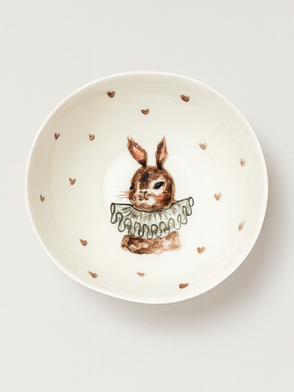 Тарелка глубокая ручной работы Зайка в жабо с сердечками, белая, фарфор, 12 см, фото 1.