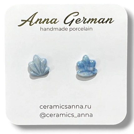 Серёжки-гвоздики Анна Герман «Ракушки синие», фарфор, синие, фото 1.