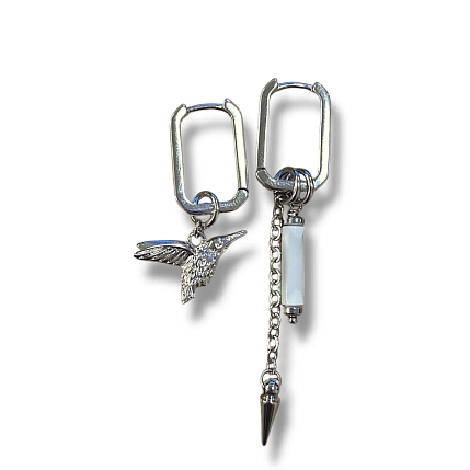 Асимметричные серьги-конго Бур.Мур «Колибри и цилиндр», родированная латунь, перламутр, фото 1.