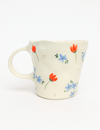 Кружка ручной работы «Цветочки», красно-голубая, керамика, 400 мл, фото 2.