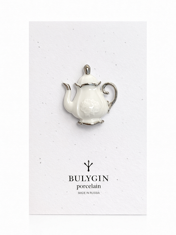 Брошь ручной работы Bulygin «Кофейник», бело-серебристая, фарфор, фото 2.