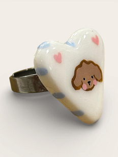 Кольцо ручной работы Радость Рядом в форме сердца «Собачка», полимерная глина, незамкнутое