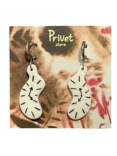 Серьги-конго Звер ручной работы «Часы Дали», белый, керамика