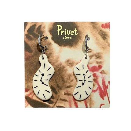 Серьги-конго Звер ручной работы «Часы Дали», белый, керамика, фото 1.