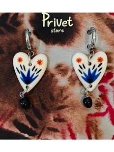 Серьги-конго ручной работы Звер с бусиной «Синие лучи», белый, керамика