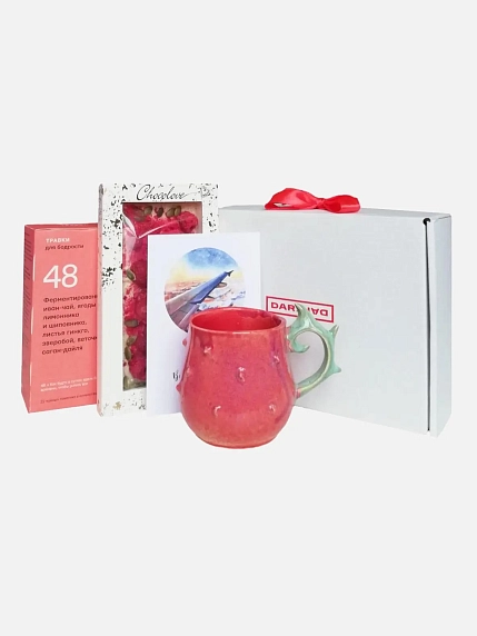 Подарочный набор с кружкой ручной работы, травяным чаем и шоколадом, фото 1.