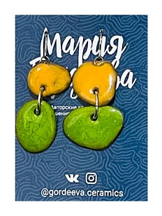 Серьги Мария Гордеева асимметричные составные, керамика, зелёные с жёлтым