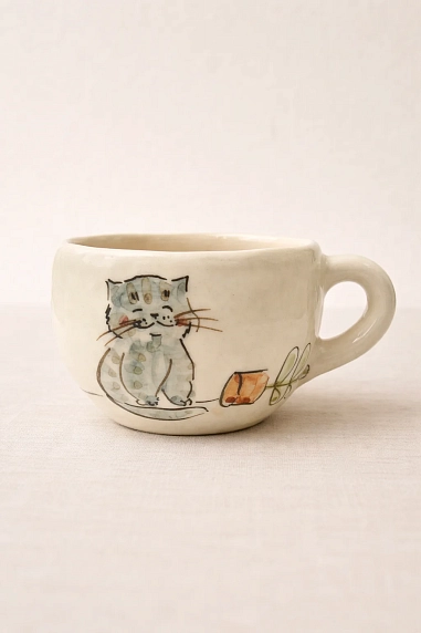 Кружка ручной работы НАДО ЖЕ с росписью «Котик и разбитый цветок», белая, керамика, 350 мл, фото 1.