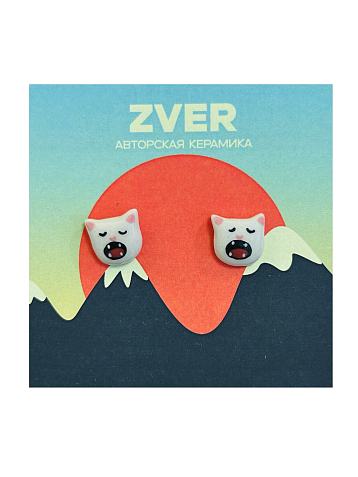 Серьги-гвоздики ручной работы Звер «Рычащие котики», белый, керамика, фото 2.