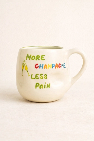 Кружка ручной работы РУКИ В ГЛИНЕ «More champagne less pain», зеленая, керамика, 400 мл, мятая, фото 1.