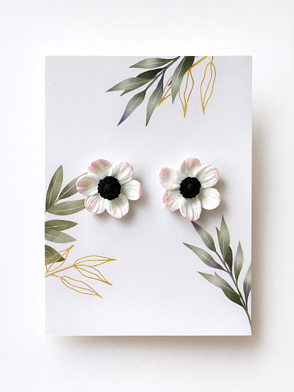 Серьги-гвоздики «Анемоны», бело-розовые, полимерная глина, фото 2.