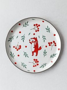 Тарелка ручной работы с бортиком Лис с рябиной и бокалом, белая, 21 см
