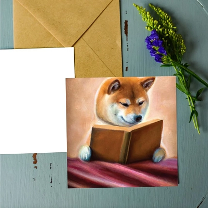 Открытка DARI DARI «Сиба-ину с книжкой», квадратная, фото 2.