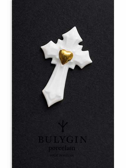 Брошь ручной работы Bulygin «Крест», фарфор, бело-золотистая, фото 1.