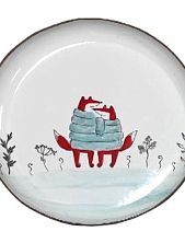 Тарелка ручной работы Ким керамика с бортиком Пара лисичек в шарфе, белая, 21 см