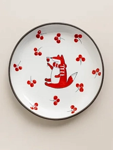 Тарелка ручной работы Ким керамика с бортиком Лис с брусникой и бокалом, белая, 13 см