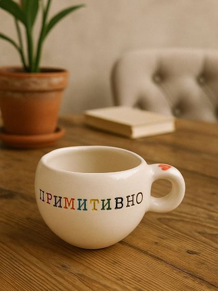 Кружка ручной работы с надписью «Примитивно», керамика, 180 мл, фото 3.