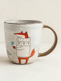 Кружка ручной работы Ким керамика с росписью Лис в свитере и птичка, керамика, 450 мл
