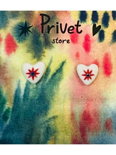 Серьги-гвоздики ручной работы Звер «Красная звезда в сердечке», керамика