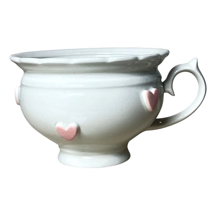 Чашка для чая ручной работы Slowday Ceramics в розовое сердечко «Винтаж», белая, полуфарфор, 250 мл, фото 1.