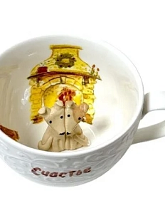 Чашка для чая ручной работы Мадам де Тюль с фигуркой внутри Пёсики у камина, фарфор, 250 мл