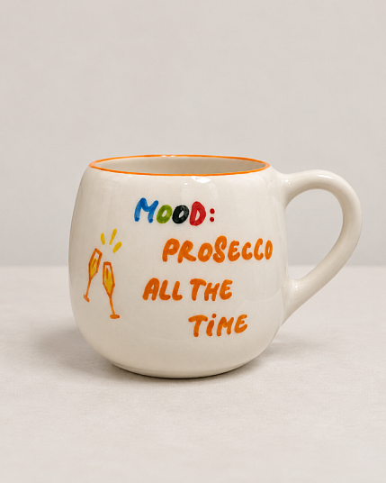 Кружка ручной работы Hands in Clay «Mood: prosecco all the time», оранжевая, керамика, 400 мл, круглая, фото 1.