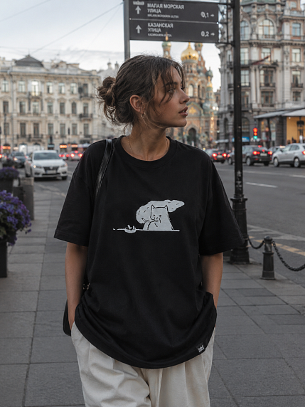 Футболка ШКЯ «Котик с сижкой», унисекс, 44, черная, фото 3.