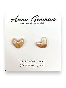Серёжки-гвоздики Сердечки, фарфор, розово-золотые