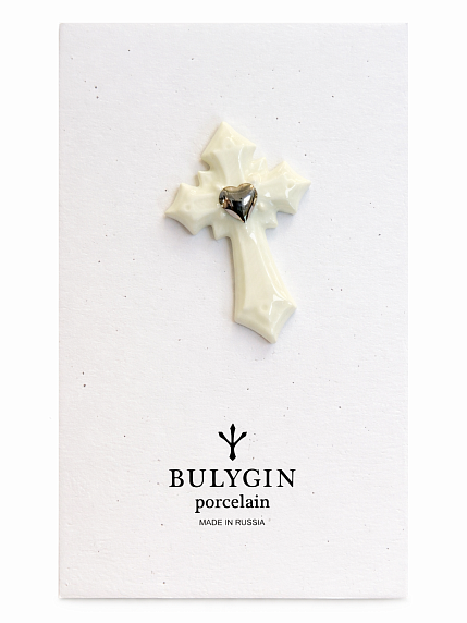 Брошь ручной работы Bulygin «Крест», бело-серебристая, фарфор, фото 1.