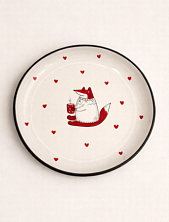 Тарелка ручной работы Ким керамика с бортиком и сердечками Лис в свитере с кружкой, белая, 17 см