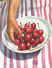 Постер интерьерный DARI DARI «Тарелка черешни на полосатой скатерти», А2