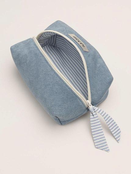 Джинсовая косметичка ручной работы с карманом Migette, размер S, голубая с полосатым подкладом, фото 3.
