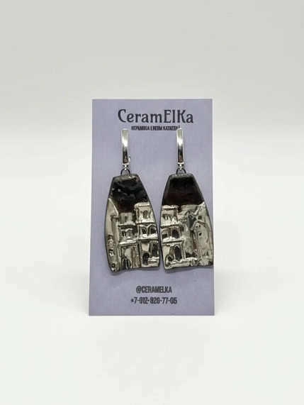 Серьги КерамЕлКа фигурные «Город», фарфор, серо-серебристые, фото 2.