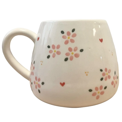 Кружка ручной работы Slowday Ceramics с розовыми цветами и сердечками, полуфарфор, 250 мл, фото 1.