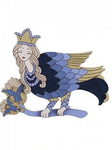 Брошь ручной работы «Птица Гамаюн», синяя, дерево