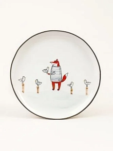 Тарелка ручной работы Ким керамика с бортиком Лис и чайки, белая, 21 см