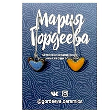 Серьги на петле Сердечки, керамика, сине-оранжевые