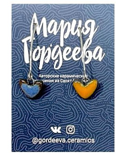 Серьги на петле Сердечки, керамика, сине-оранжевые