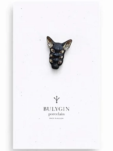 Брошь ручной работы Фарфор Булыгина «Кошка 6 глаз», чёрно-серебристая