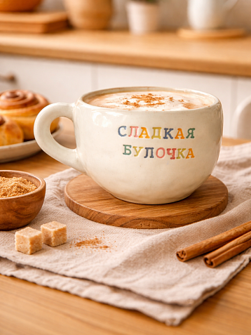 Кружка ручной работы с надписью «Сладкая булочка», белая, керамика, 350 мл, фото 5.