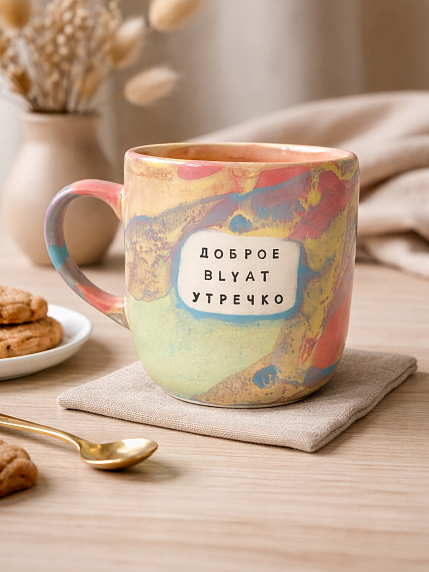 Кружка ручной работы NF ceramics «Доброе b**at утречко», разноцветная, 400 мл, фото 6.