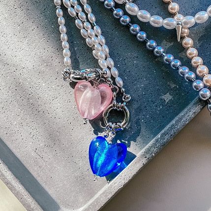 Колье ручной работы «Glass heart», синее, латунь, жемчуг, стекло, фото 5.