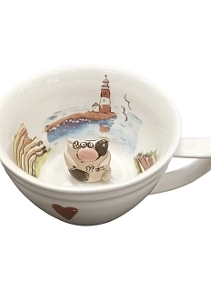 Чашка для чая ручной работы Мадам де Тюль с фигуркой внутри Кот на маяке, разноцветная, фарфор, 250 мл