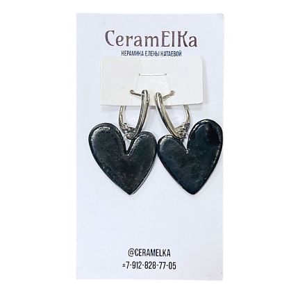 Серьги «Сердечки», фарфор, чёрные металлизированные, фото 1.