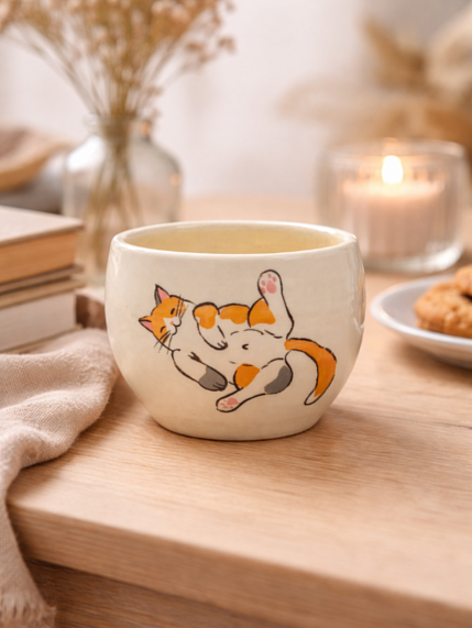 Пиала ручной работы «Котик», керамика, 9 см, фото 1.