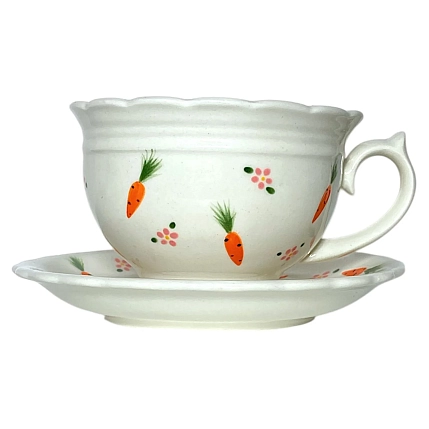 Чайная пара ручной работы Slowday Ceramics в морковку и розовые цветочки «Винтаж», полуфарфор, 250 мл, фото 2.