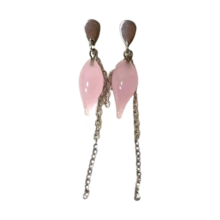 Серьги-гвоздики Керко с цепочкой розовые листочки, стекло, фото 1.