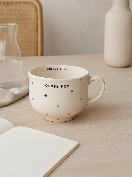 Кружка ручной работы Тата вытворяет/NF ceramics «Доброе утро, любовь моя», белая, керамика, 600 мл, фото 2.