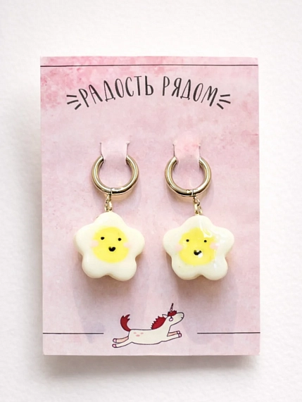 Серьги-конго Радость Рядом «Цветочки», полимерная глина, желто-белые, фото 1.