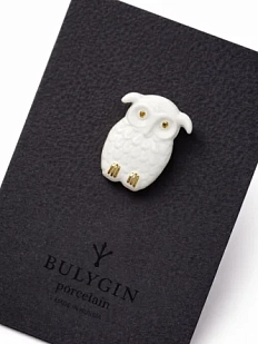 Брошь ручной работы Фарфор Булыгина «Сова», бело-золотистая